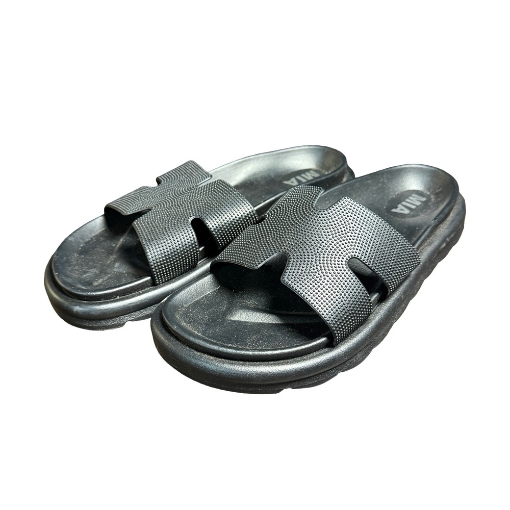 MIA Bertini Black H-Strap Slide Sandals Studded Textured Chunky Womens 9 M
